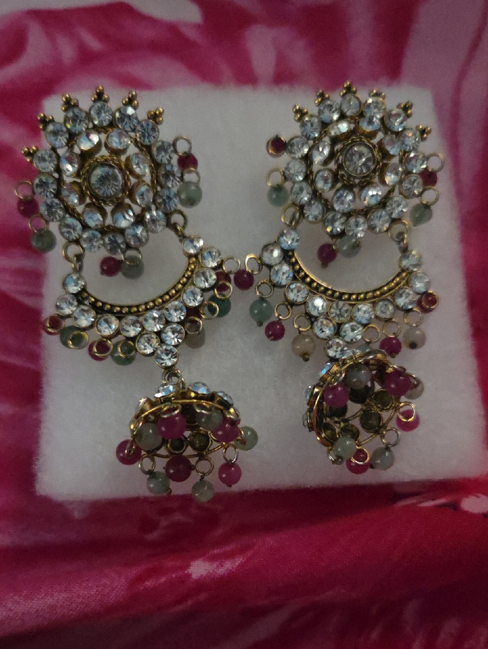 Gold-Tone Floral Crystal Dangle Earrings with Pink & Green Beads